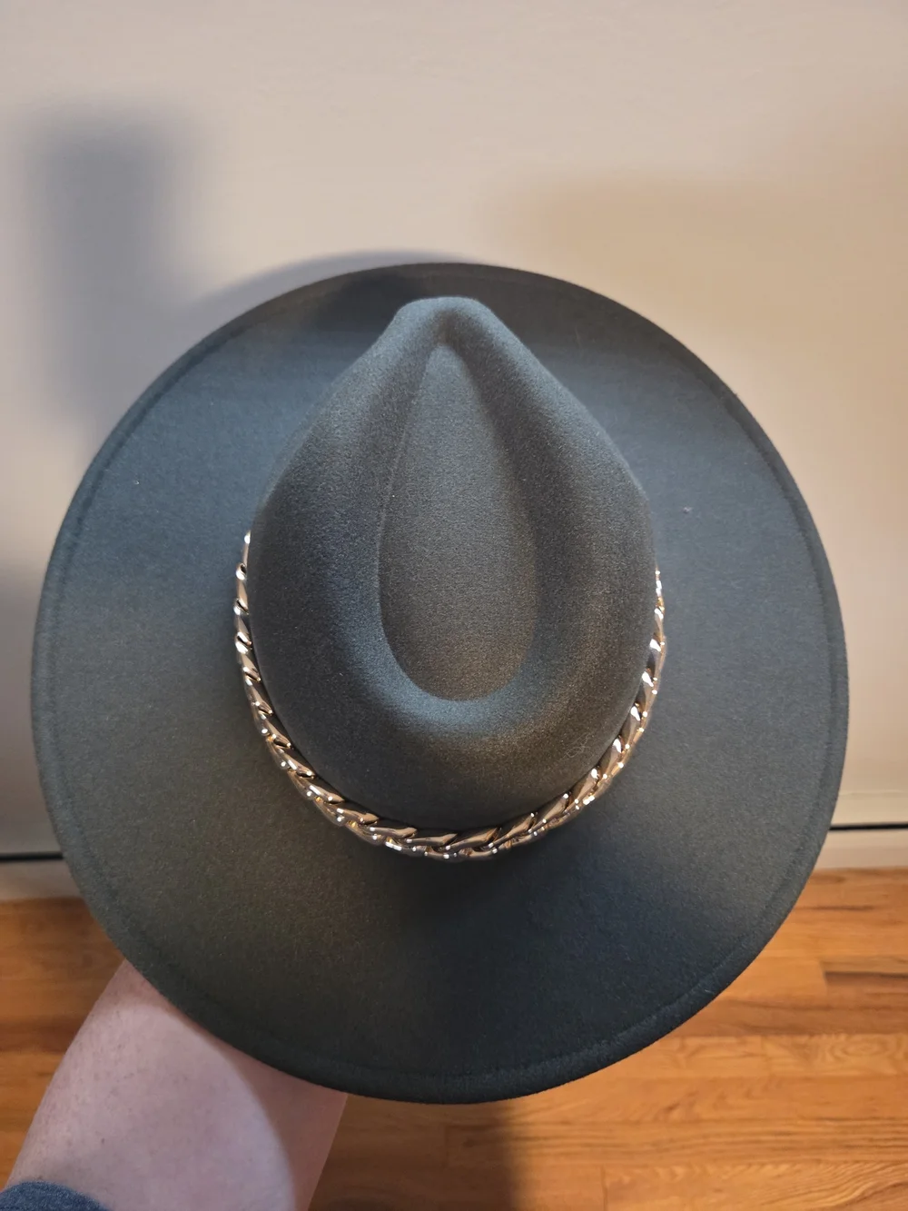 Hunter Green Felt Wide Brim Hat with Gold Chain Accent